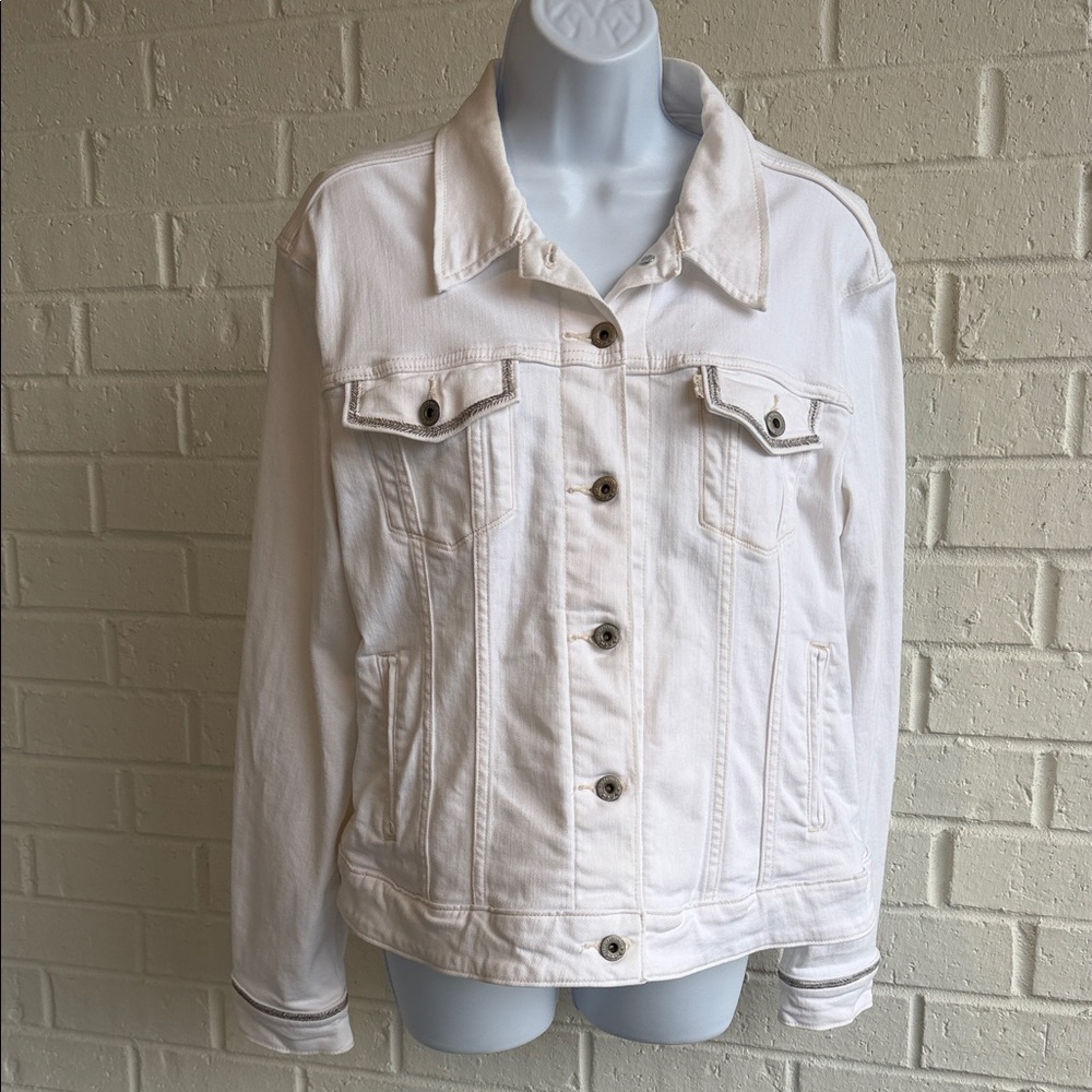 Levi Strauss & Co White Denim Trucker Jacket - Metallic Chain Embellishments XL